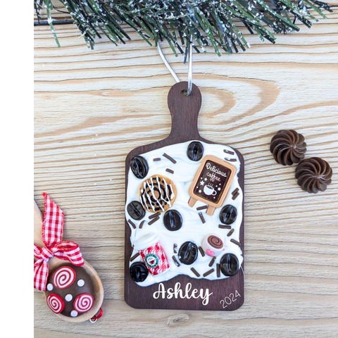 Christmas Coffee Charcuterie Board Ornament (Cheese and Wine) with Name Personalization