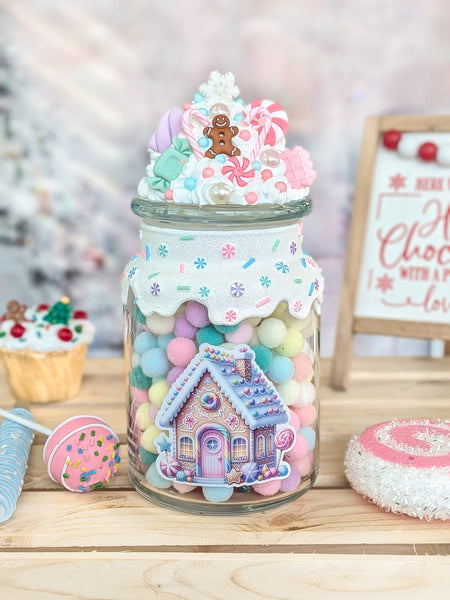 Pastel Gingerbread House Christmas Candy Jar
