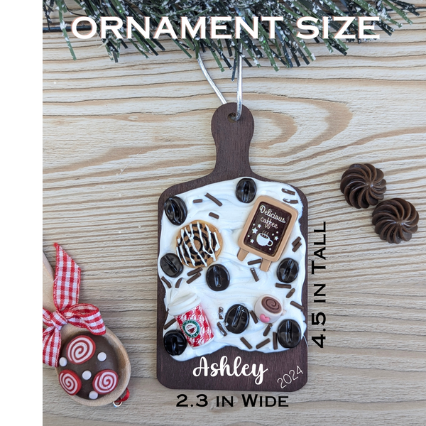 Christmas Coffee Charcuterie Board Ornament (Cheese and Wine) with Name Personalization