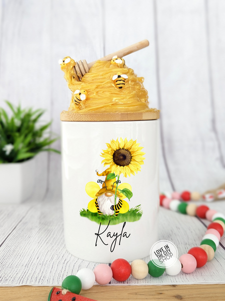 Sunflower Gnome Honey Bee Ceramic Candy Jar 25oz