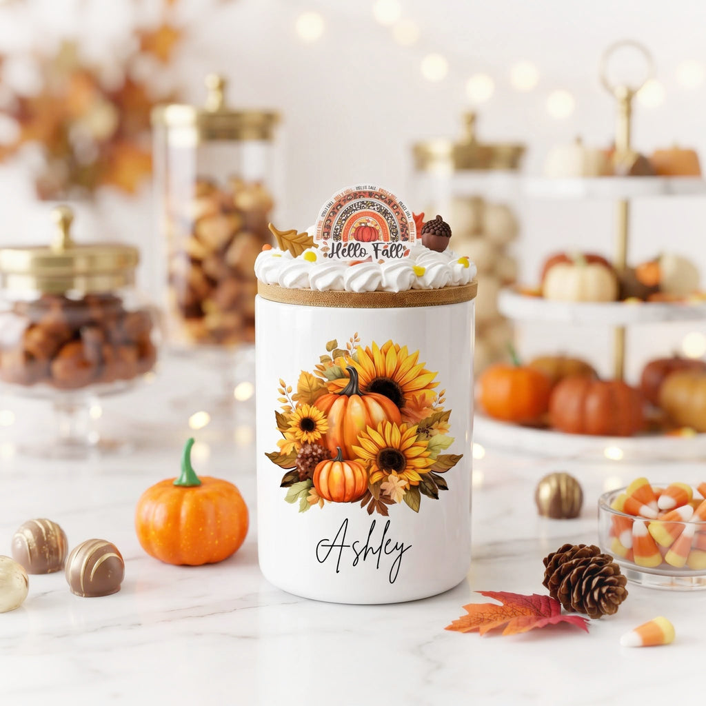 Fall Pumpkin Sunflower Ceramic Candy Jar 25oz