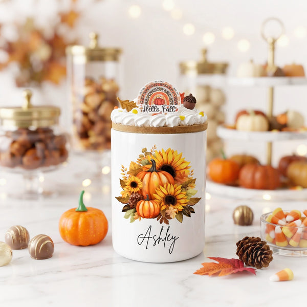 Fall Pumpkin Sunflower Ceramic Candy Jar 25oz