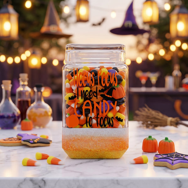Hocus Pocus I Need Candy to Focus Glass Candy Jar - Square