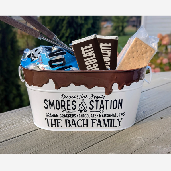 Personalized Metal s'more caddy for a camping s'mores station