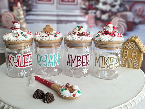 Personalized glass Christmas candy favor jars