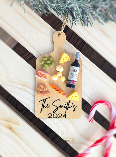 Christmas Charcuterie Board Ornament (Cheese and Wine) with Name Personalization