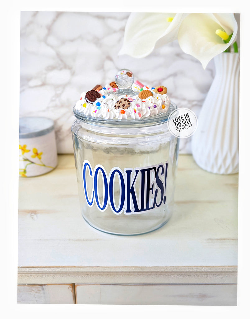 Glass Cookie Jar, COOKIES, with Fake Frosting Topper – Love In The City Shop