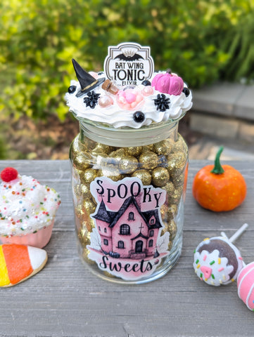 Pink Halloween Candy Jar with Haunted House- Pink and Black Halloween
