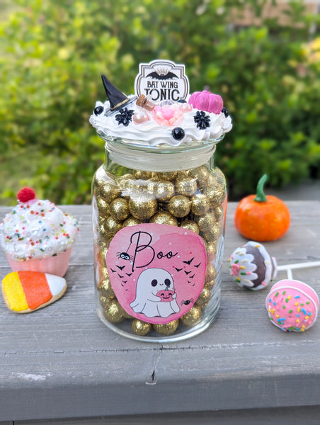 Pink Halloween Candy Jar with Ghost - Pink and Black Halloween