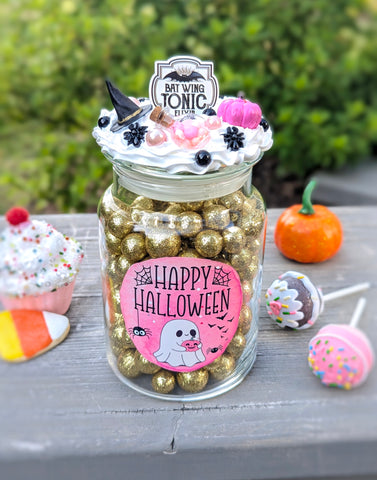 Pink Halloween Candy Jar with Cute Ghost Decor - Pink and Black Halloween