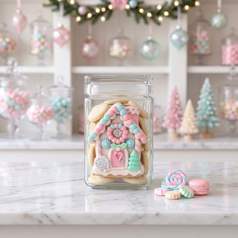 Pastel Gingerbread House Glass Cookie Jar