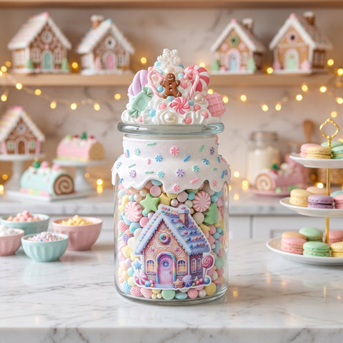 Pastel Gingerbread House Christmas Candy Jar