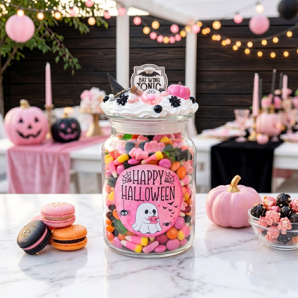 Pink Halloween Candy Jar with Cute Ghost Decor - Pink and Black Halloween