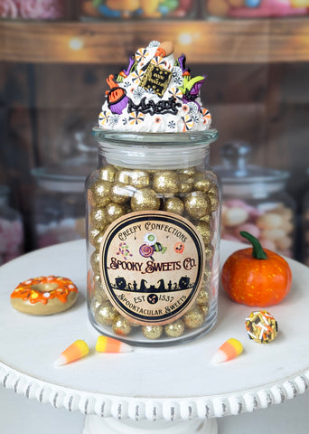 Halloween Treats Candy Jar with Witch Themed Decor