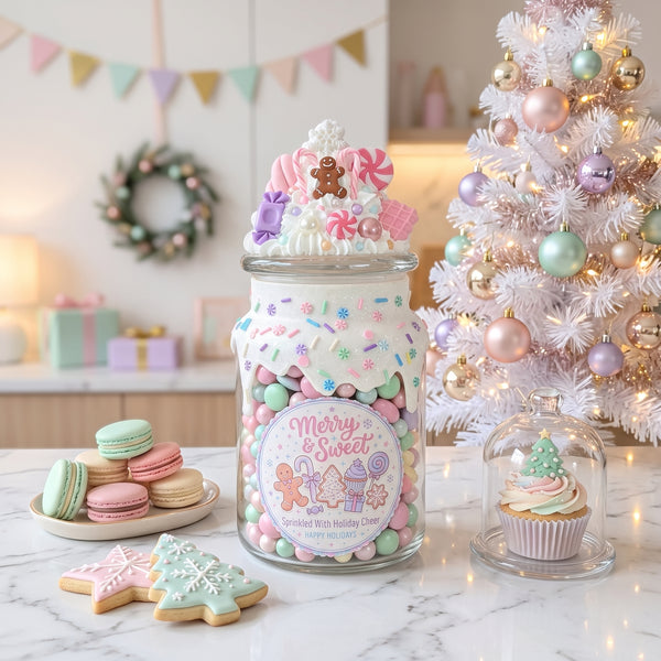 Pastel Christmas Candy Jar with Gingerbread