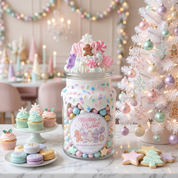 Pastel Christmas Candy Jar with Gingerbread