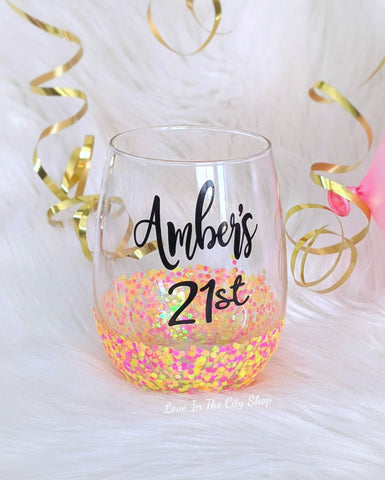 Glitter Birthday Stemless Wine Glass
