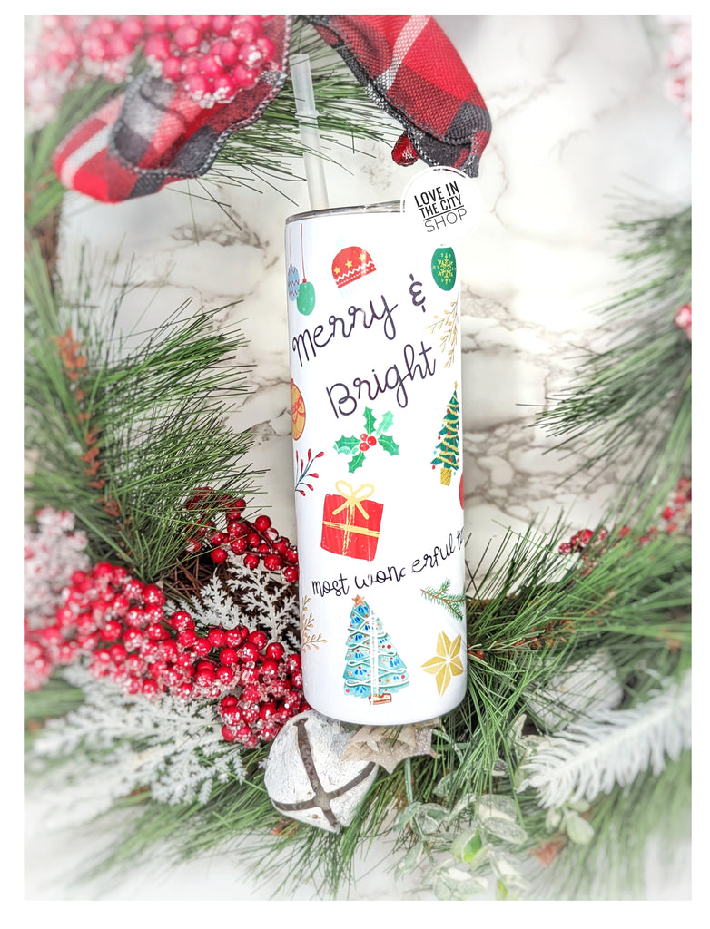 Merry and Bright Christmas Tumbler - Sublimation Tumbler