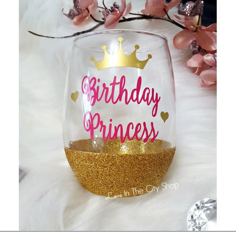 Birthday Princess Stemless Wine Glass - love-in-the-city-shop